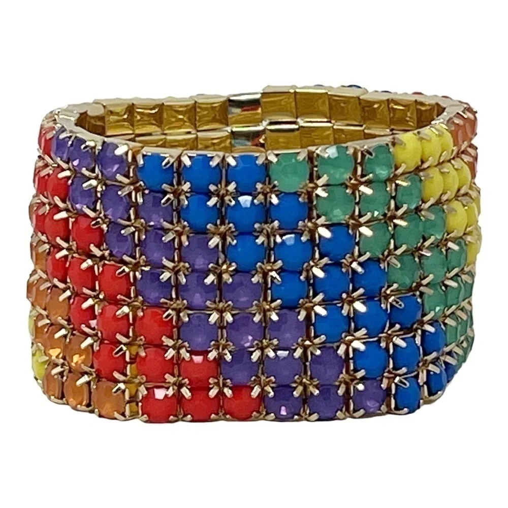 Gold-Tone Rainbow Rhinestone Multi-Row Stretch bracelet